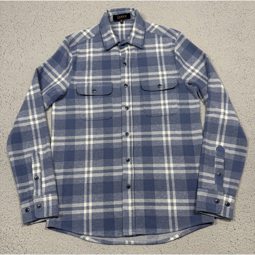 Quince Shirt Mens Small Blue Indigo Check Stretch Fleece Long Sleeve Button Up